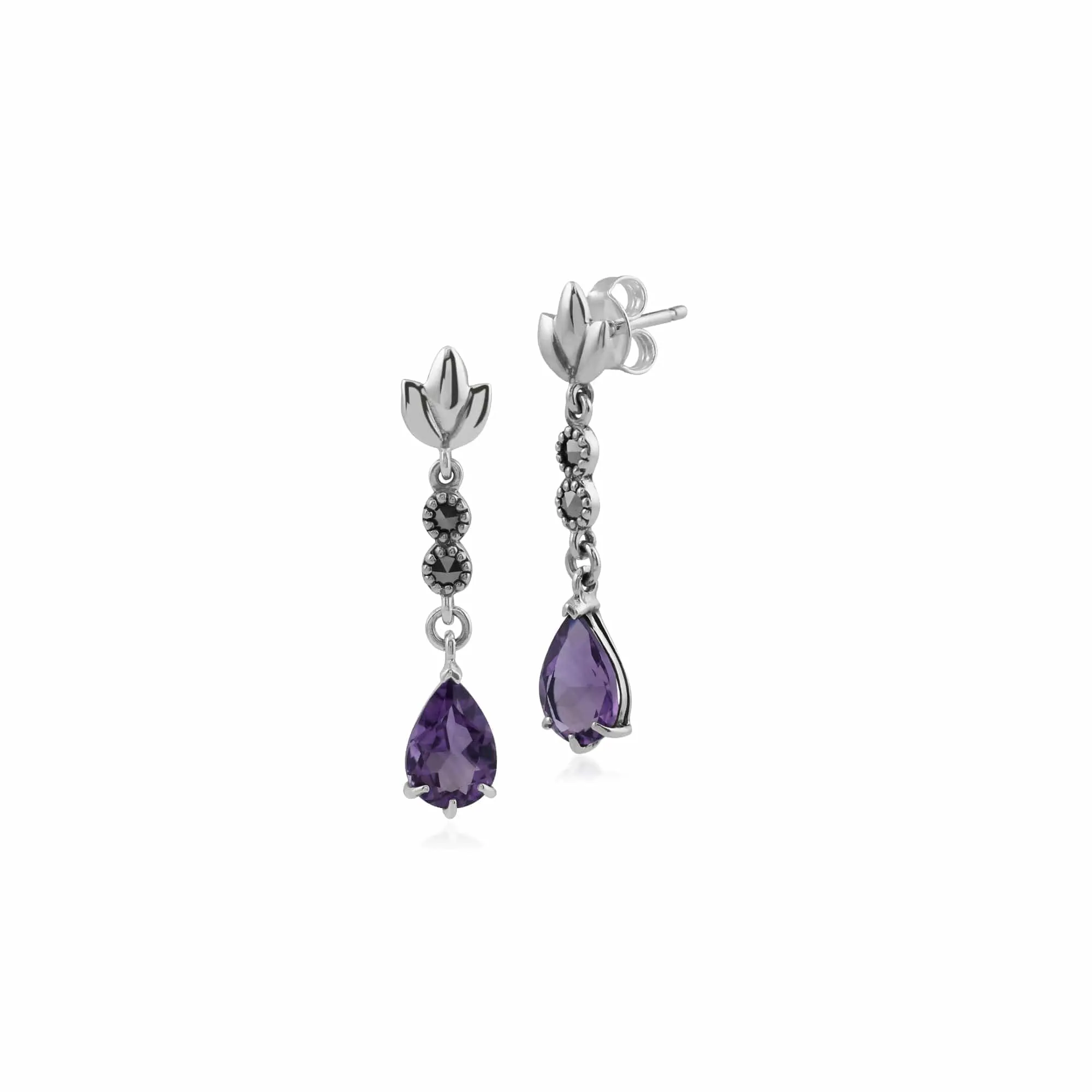 Art Nouveau Style Pear Amethyst & Marcasite Leaf Drop Earrings in 925 Sterling Silver sold by Gemondo Jewellery