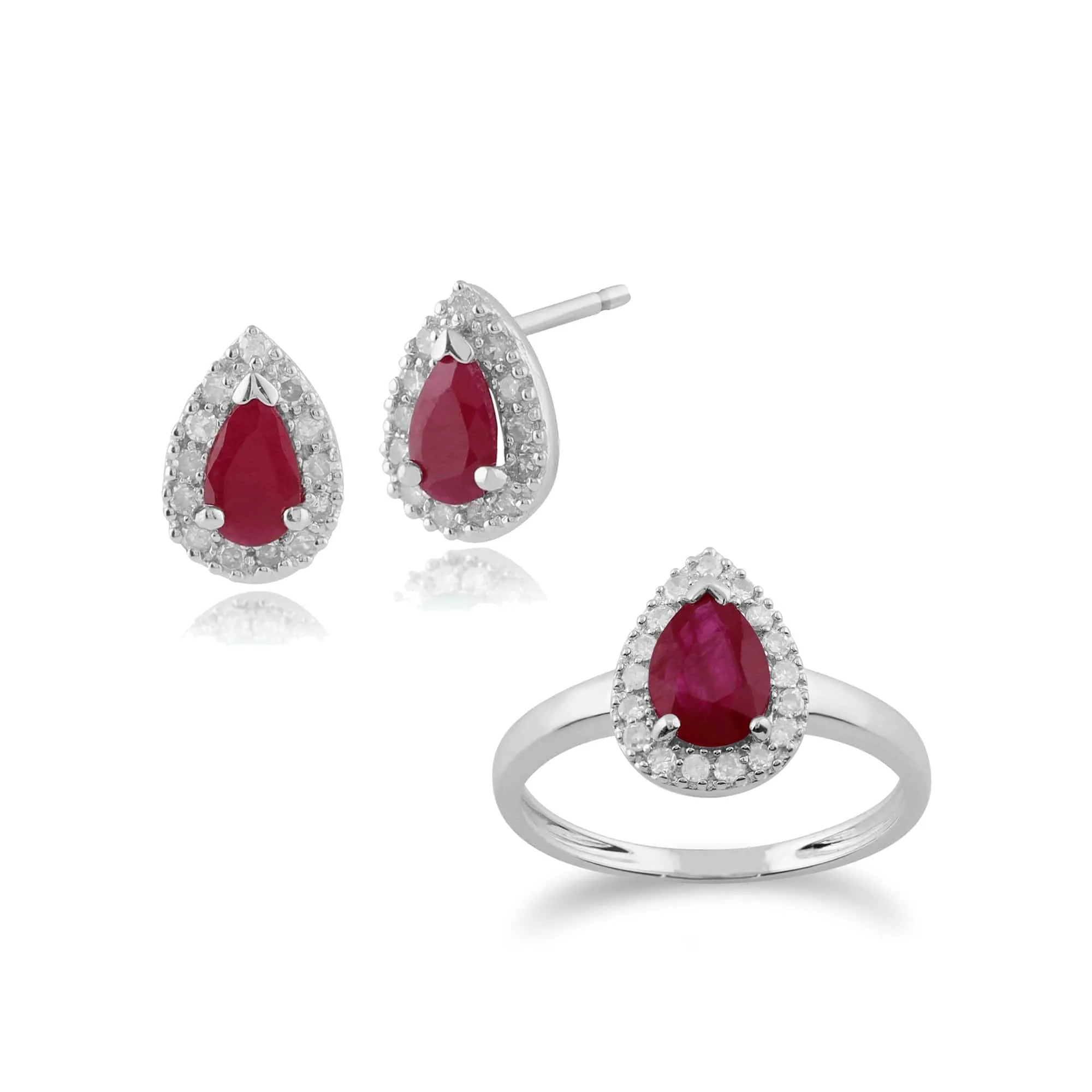 Classic Pear Ruby & Diamond Halo Stud Earrings & Ring Set in 9ct White Gold sold by Gemondo Jewellery