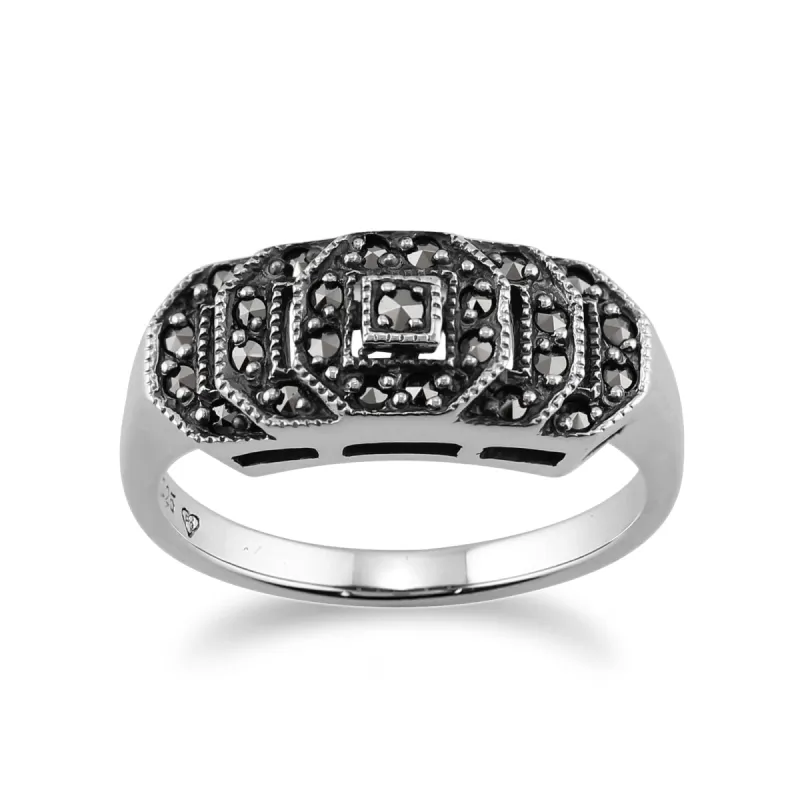 Art Deco Style Round Marcasite Stepped Ring in 925 Sterling Silver sold by Gemondo Jewellery