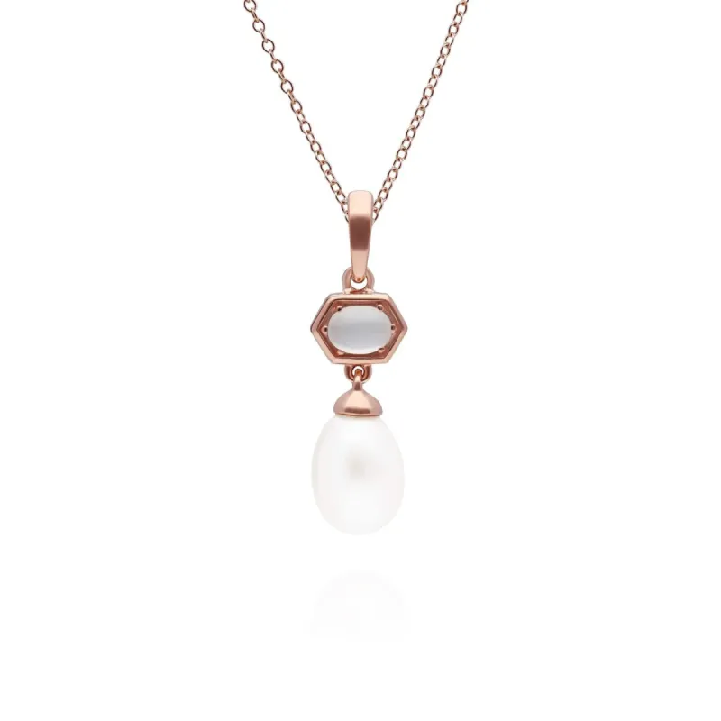 Modern Pearl & Moonstone Hexagon Drop Pendant in Rose Gold Plated Silver sold by Gemondo Jewellery