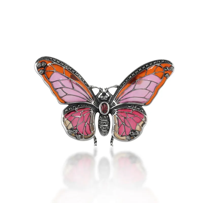 Art Nouveau Style Oval Marcasite, Garnet & Enamel Butterfly Brooch in 925 Sterling Silver sold by Gemondo Jewellery