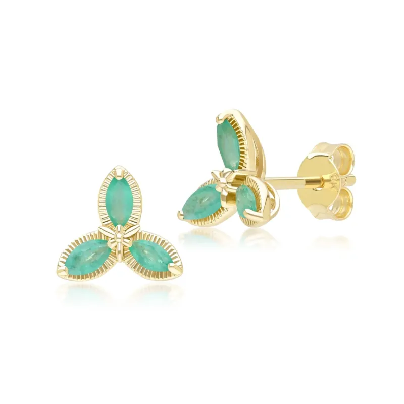 Floral Marquise Emerald Stud Earrings in 9ct Yellow Gold sold by Gemondo Jewellery