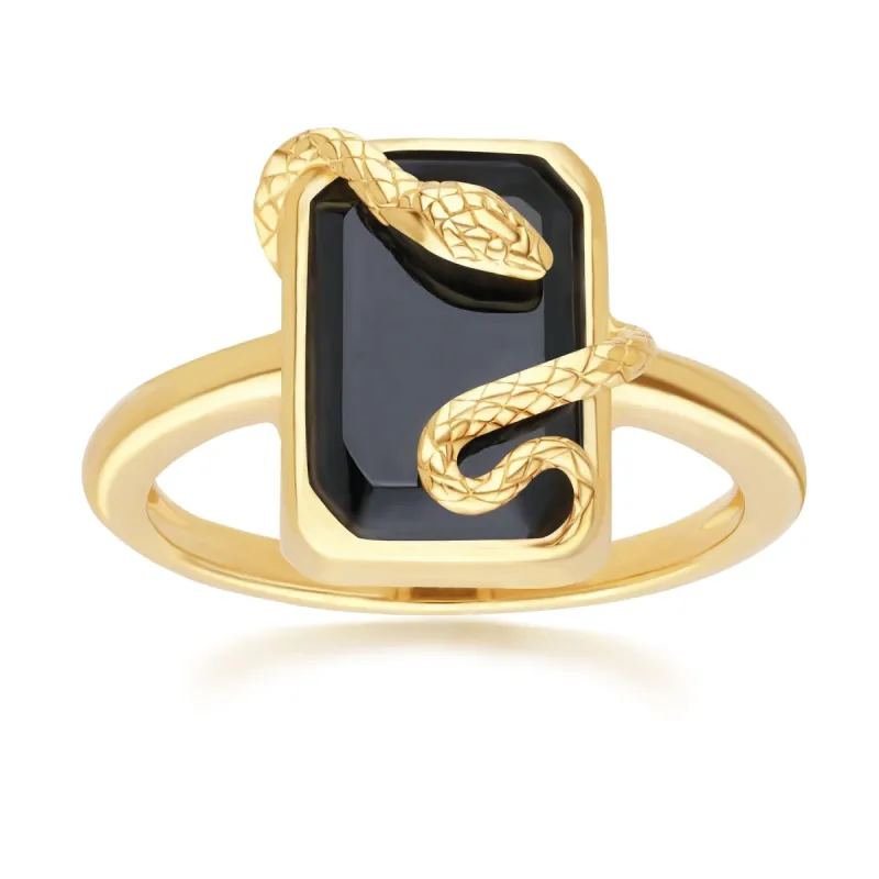 Grand Deco Black Onyx Snake Wrap Ring in Gold Plated Sterling Silver sold by Gemondo Jewellery