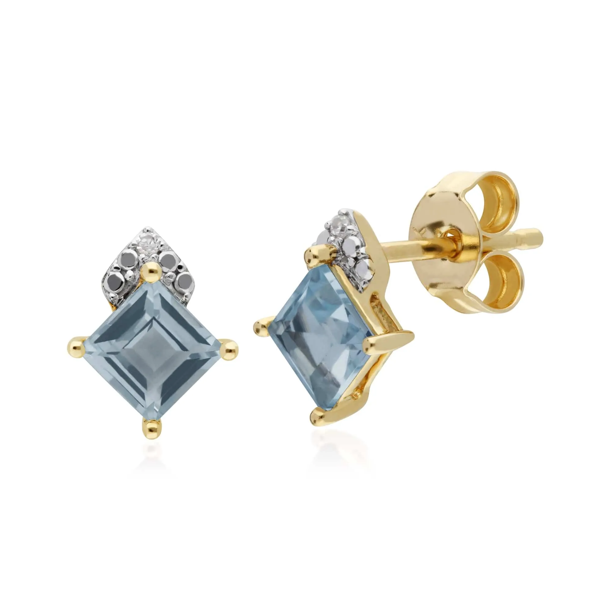 Gemondo 9ct Yellow Gold Blue Topaz & Diamond Square Stud Earrings sold by Gemondo Jewellery