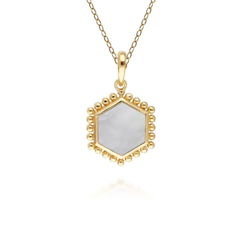 Mother of Pearl Flat Slice Hex Pendant in Gold Plated Sterling Silver sold by Gemondo Jewellery