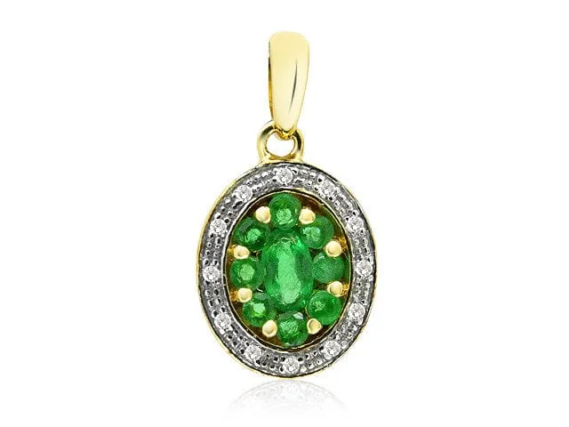 9ct Yellow Gold 0.49ct Natural Emerald & Diamond Oval Cluster Pendant on Chain sold by Gemondo Jewellery
