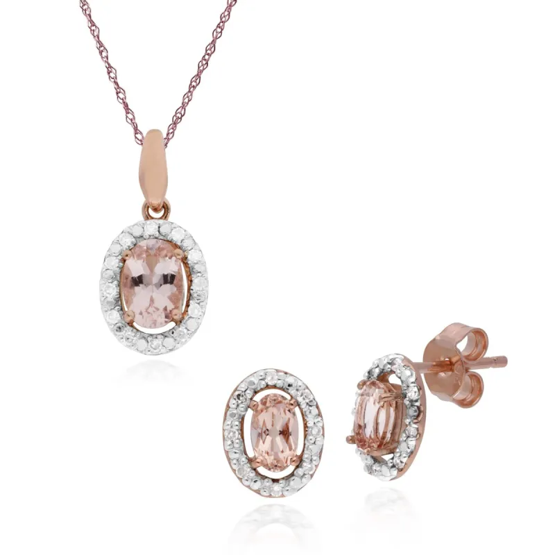 Classic Oval Morganite & Diamond Halo Stud Earrings & Pendant in 9ct Rose Gold sold by Gemondo Jewellery