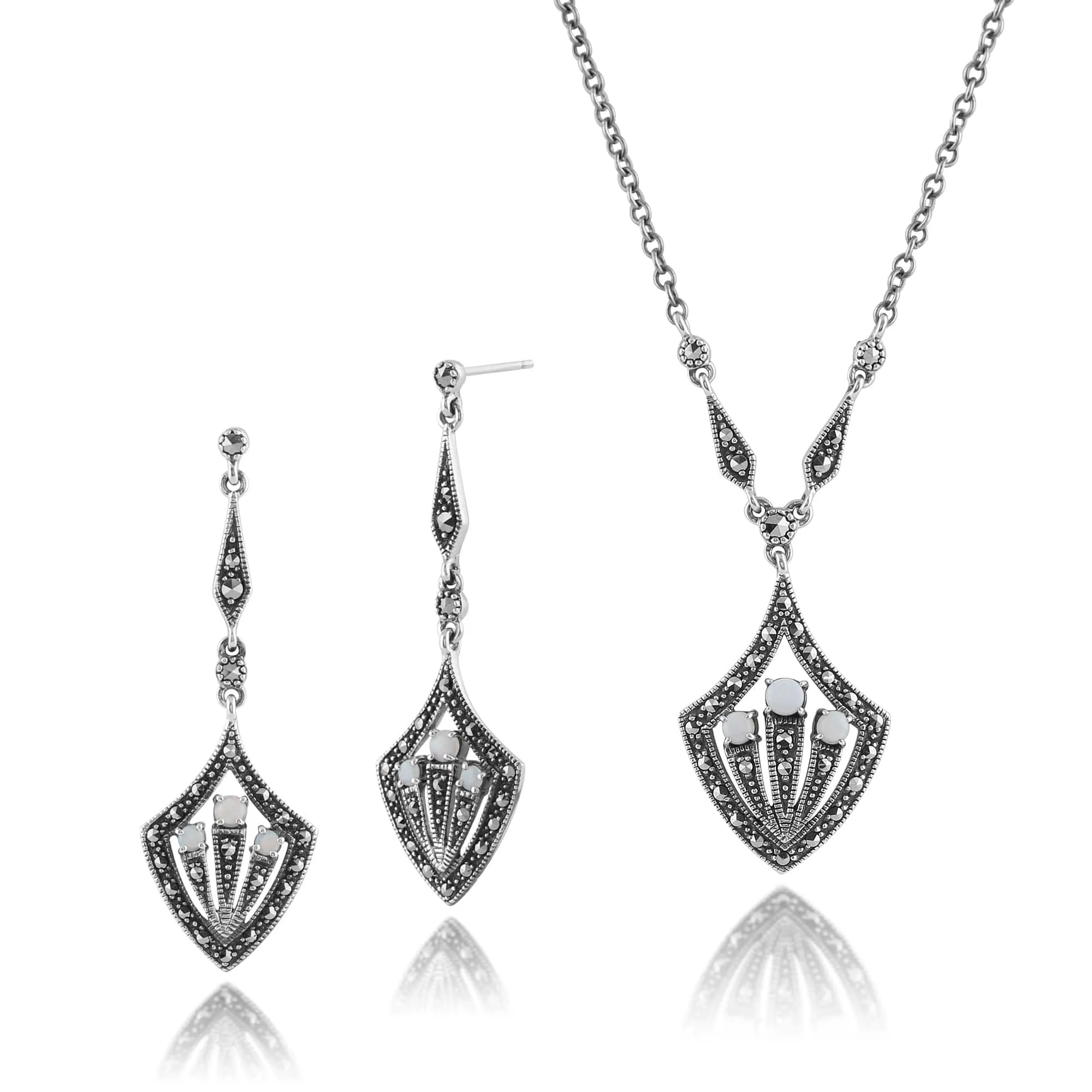 Art Deco Style Opal & Marcasite Shield Drop Earrings & Necklace Set in Silver sold by Gemondo Jewellery
