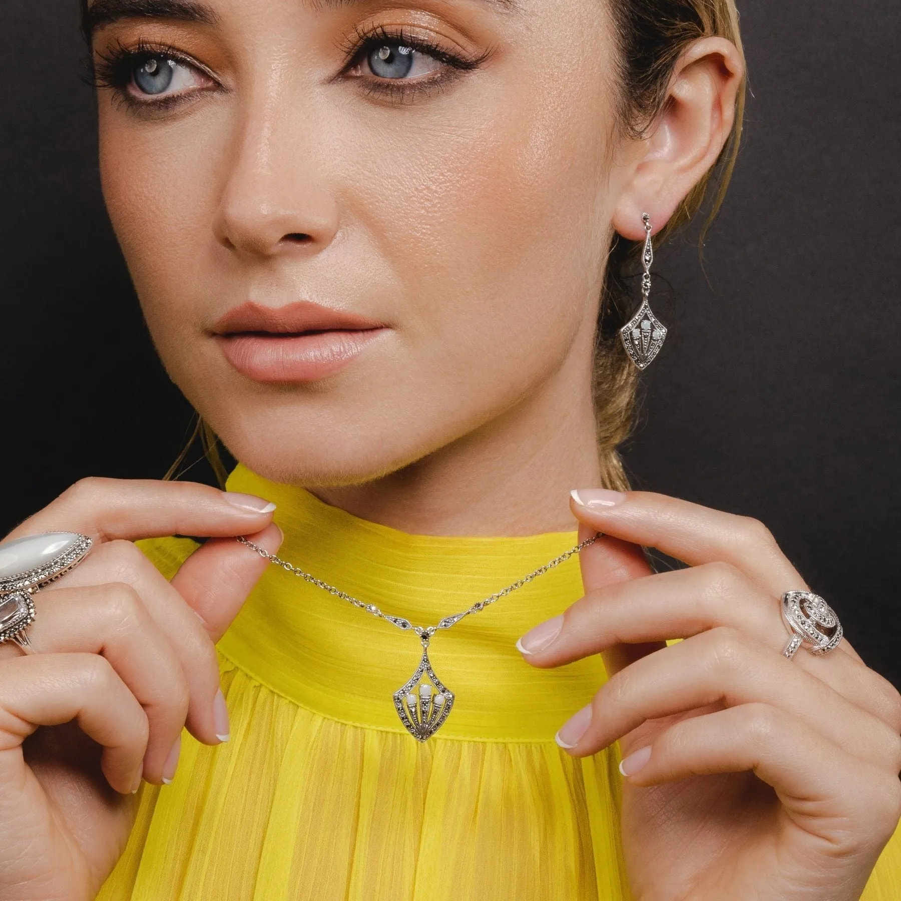 Art Deco Style Opal & Marcasite Shield Drop Earrings & Necklace Set in Silver sold by Gemondo Jewellery product image thumbnail 2