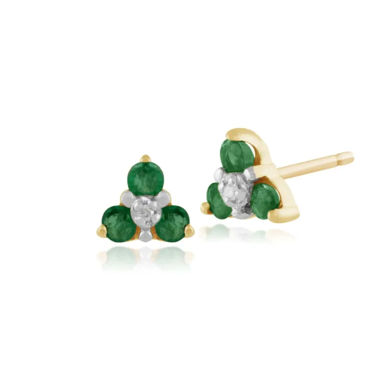 Floral Round Emerald & Diamond Cluster Stud Earrings in 9ct Yellow Gold sold by Gemondo Jewellery