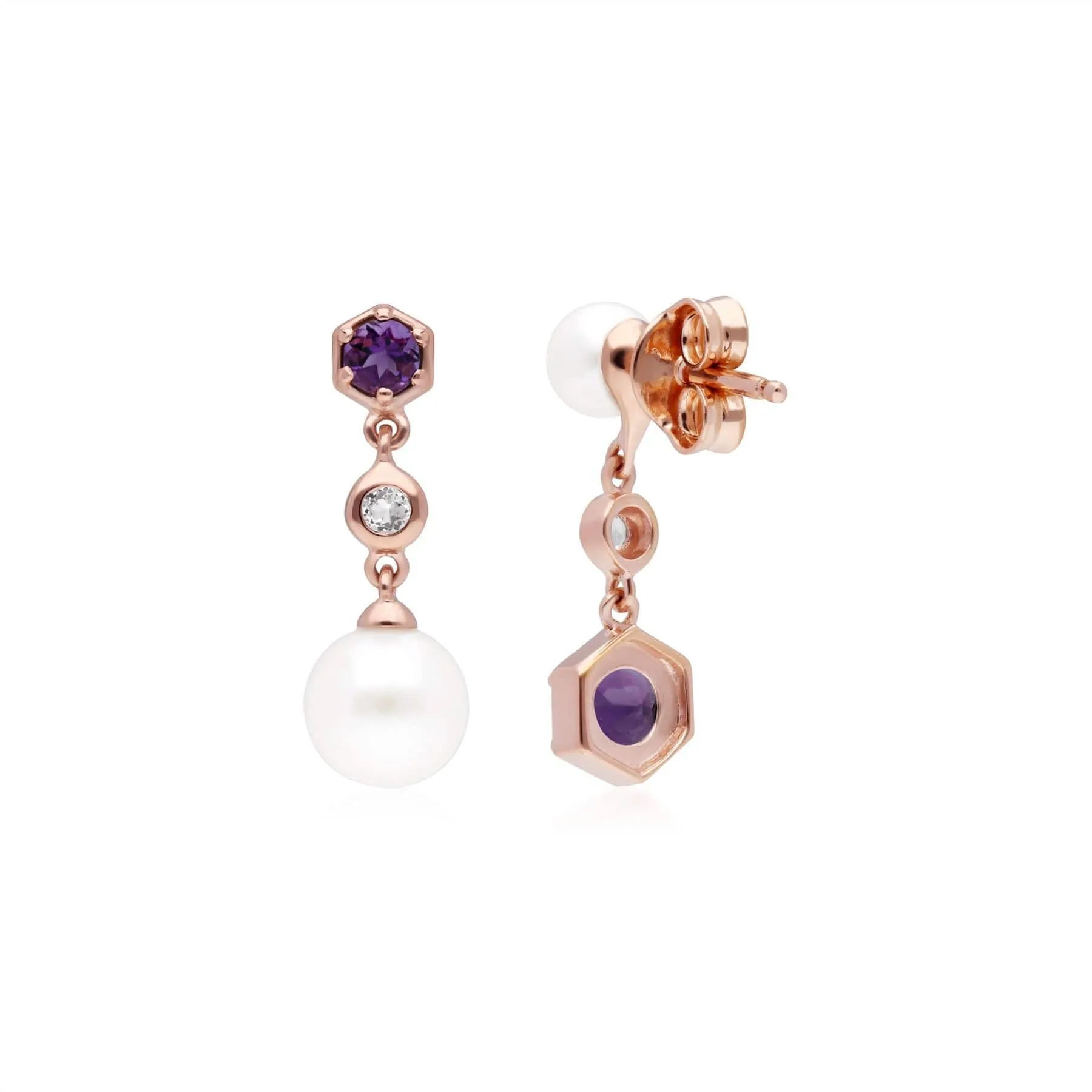 Modern Pearl, Amethyst & Topaz Mismatched Drop Earrings in Rose Gold Plated Silver sold by Gemondo Jewellery product image thumbnail 2