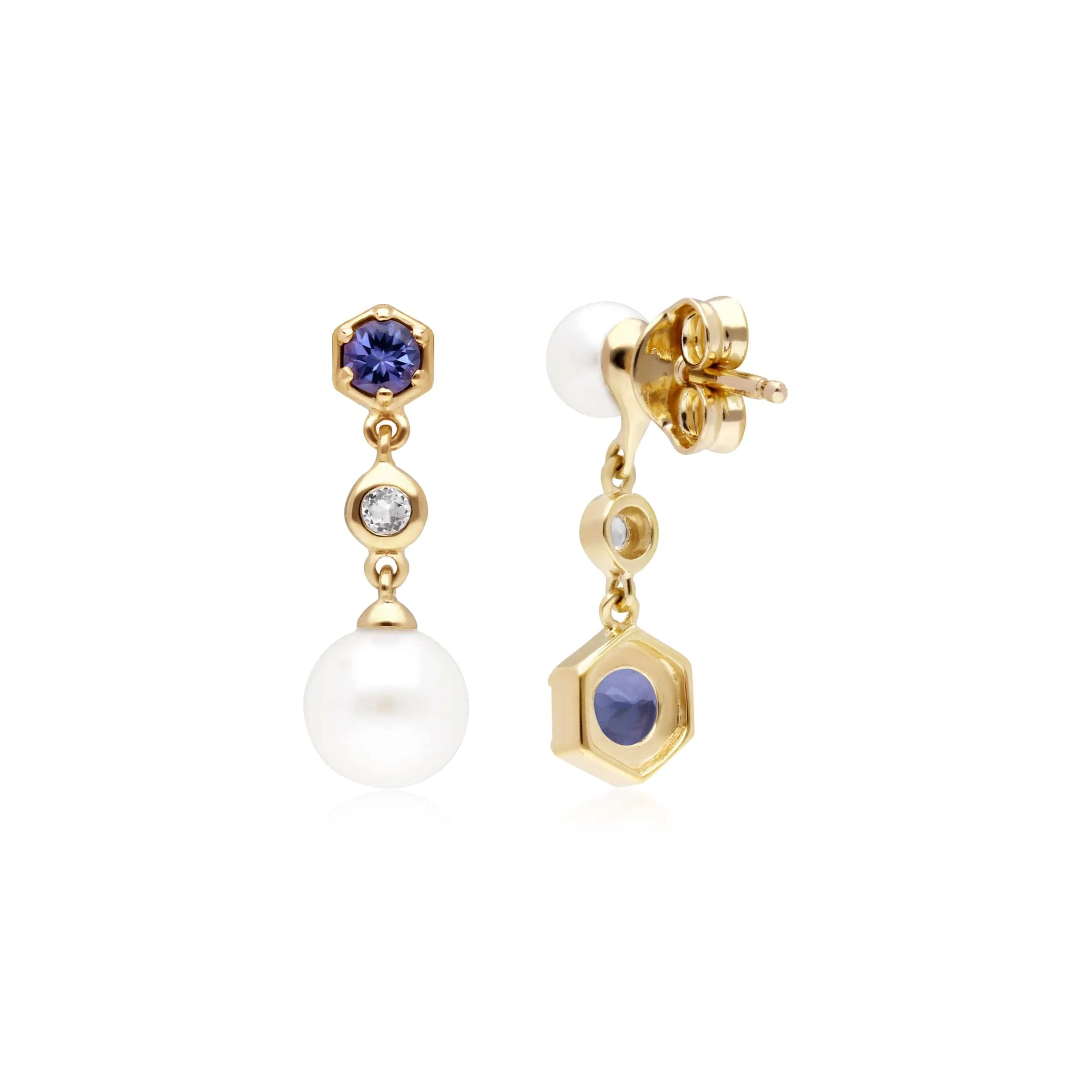 Modern Pearl, Tanzanite & Topaz Mismatched Drop Earrings in Gold Plated Silver sold by Gemondo Jewellery product image thumbnail 2