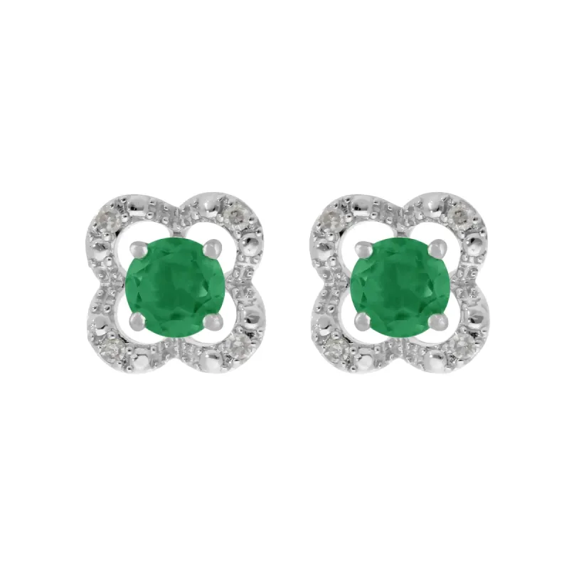 Classic Round Emerald Stud Earrings with Detachable Diamond Flower Ear Jacket in 9ct White Gold sold by Gemondo Jewellery