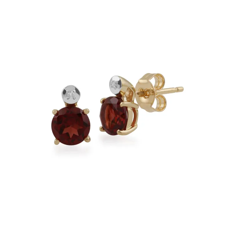 Classic Round Garnet & Diamond Stud Earrings in 9ct Yellow Gold sold by Gemondo Jewellery