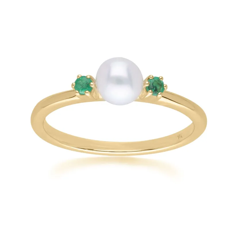 Modern Pearl & Round Emerald Ring in 9ct Yellow Gold sold by Gemondo Jewellery