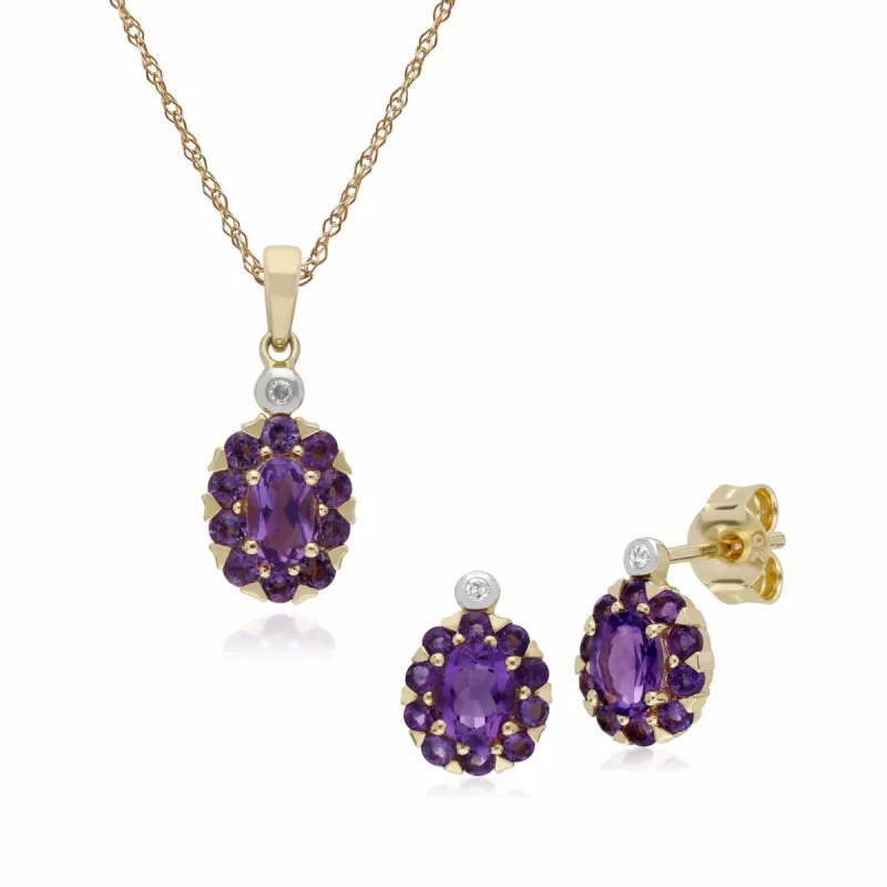 Classic Oval Amethyst & Diamond Cluster Stud Earrings & Pendant Set in 9ct Yellow Gold sold by Gemondo Jewellery