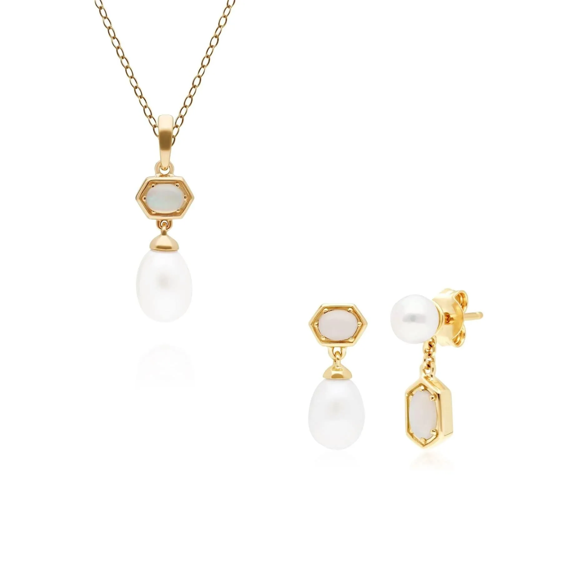 Modern Pearl & Opal Pendant & Earring Set in Gold Plated Silver sold by Gemondo Jewellery