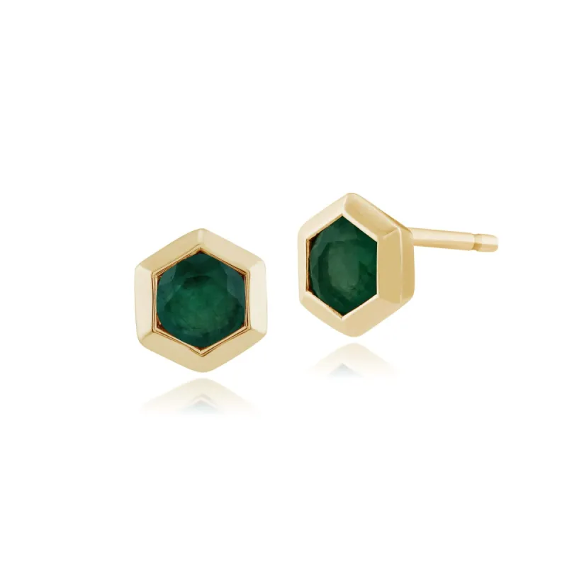 Geometric Hexagon Emerald Stud Earrings in 9ct Yellow Gold sold by Gemondo Jewellery