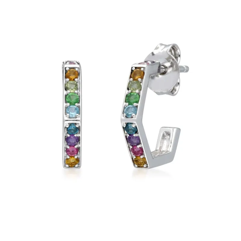 Rainbow Multi Gems Hexagon Hoop Earrings - Sterling Silver sold by Gemondo Jewellery