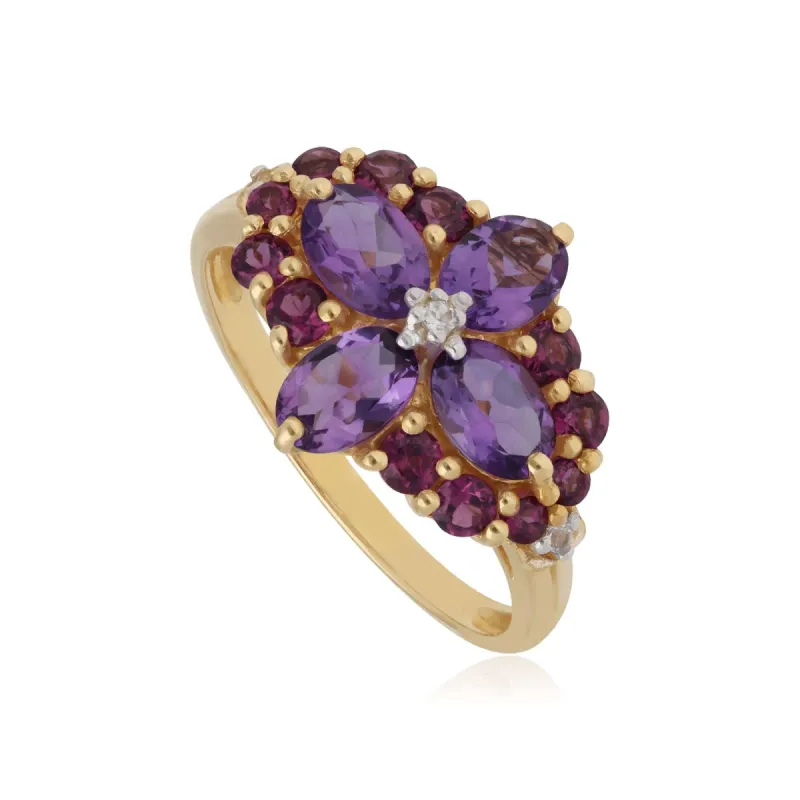 Rhodolite, White Topaz & Amethyst Floral Cocktail Ring in 9ct Yellow Gold sold by Gemondo Jewellery