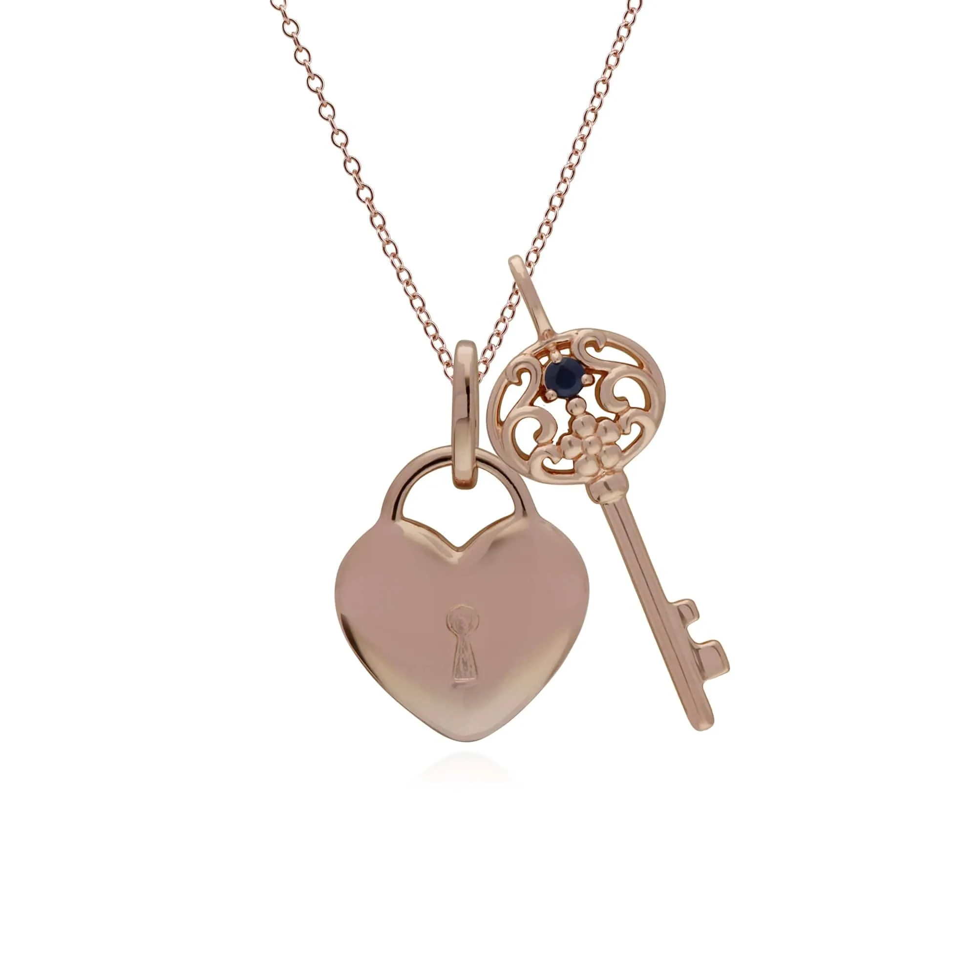 Classic Heart Lock Pendant & Sapphire Big Key Charm in Rose Gold Plated 925 Sterling Silver sold by Gemondo Jewellery