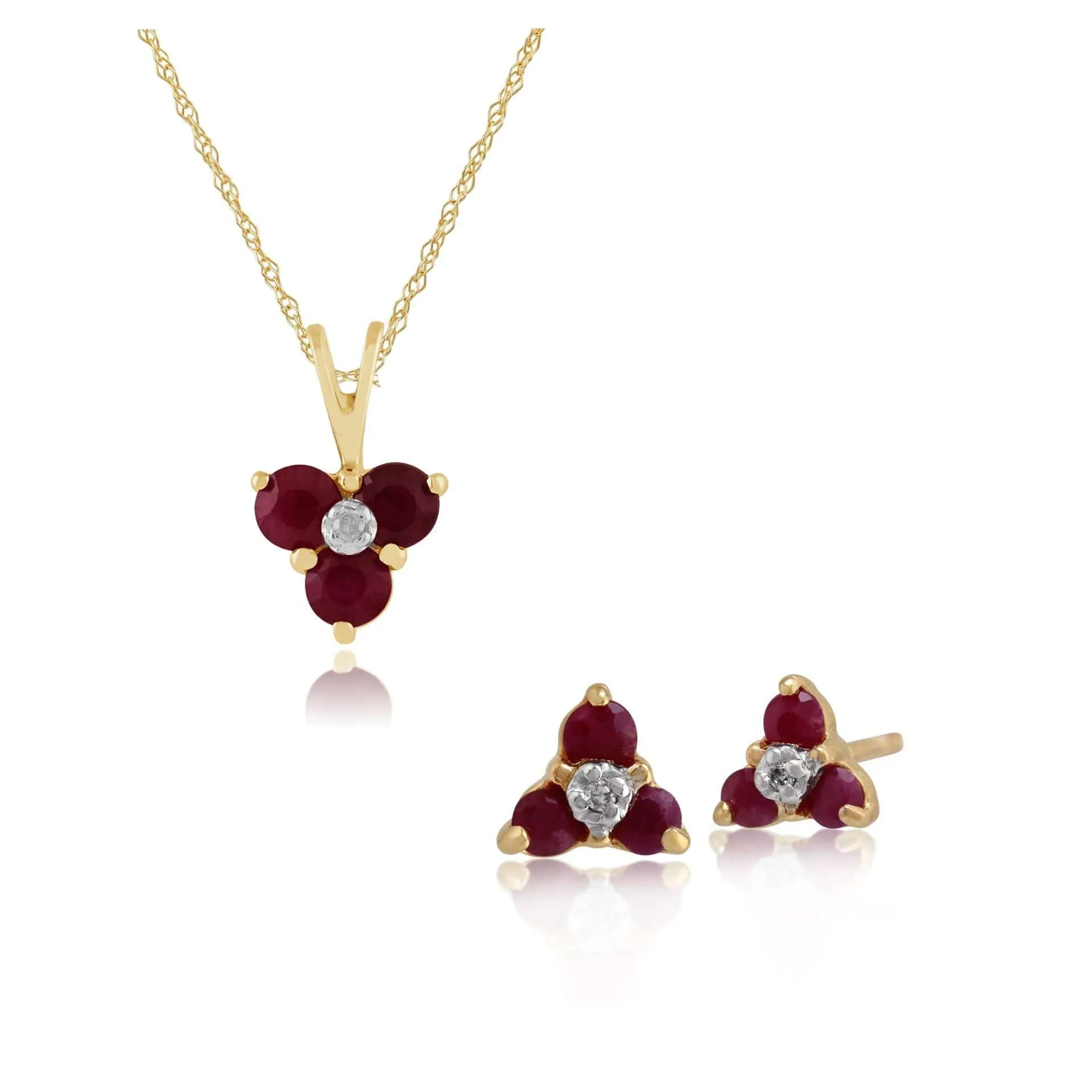 Floral Round Ruby & Diamond Flower Stud Earrings & Pendant Set in 9ct Yellow Gold sold by Gemondo Jewellery