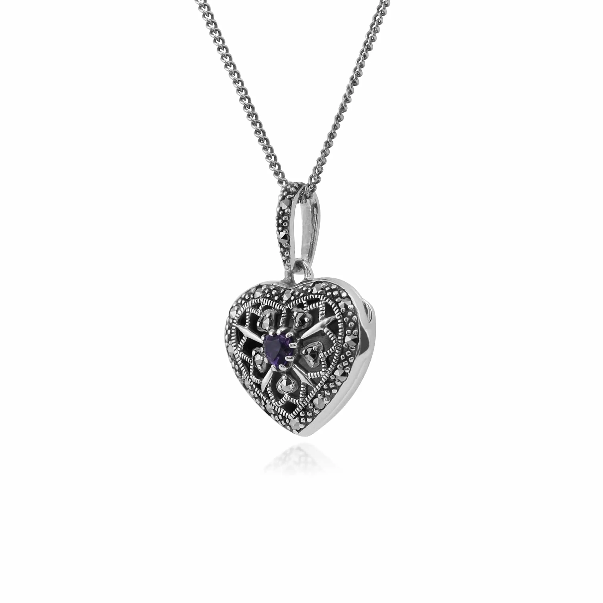 Art Nouveau Style Round Amethyst & Marcasite Heart Necklace in 925 Sterling Silver sold by Gemondo Jewellery product image thumbnail 2