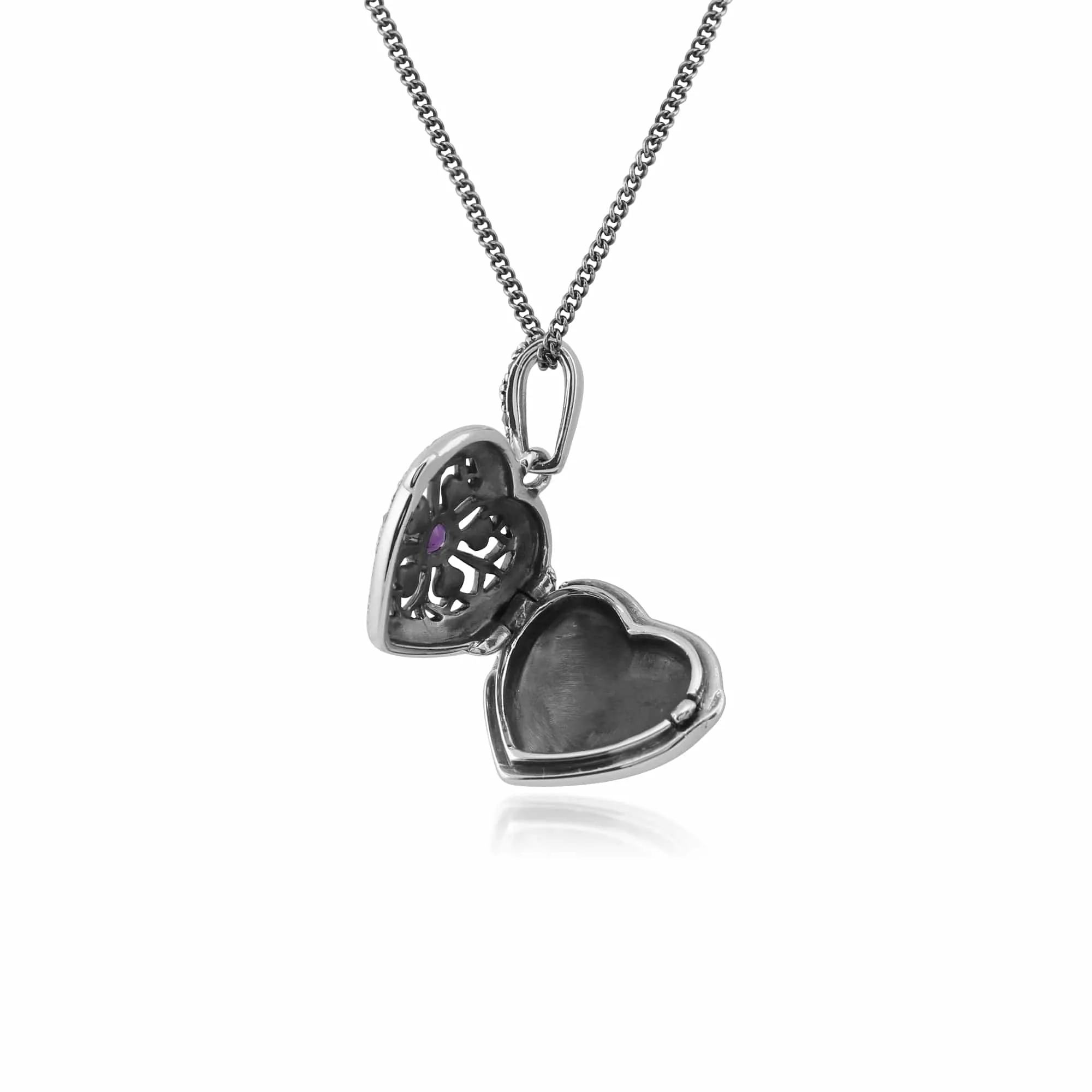 Art Nouveau Style Round Amethyst & Marcasite Heart Necklace in 925 Sterling Silver sold by Gemondo Jewellery product image thumbnail 3