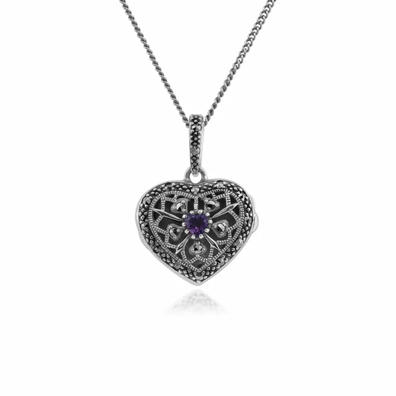 Art Nouveau Style Round Amethyst & Marcasite Heart Necklace in 925 Sterling Silver sold by Gemondo Jewellery