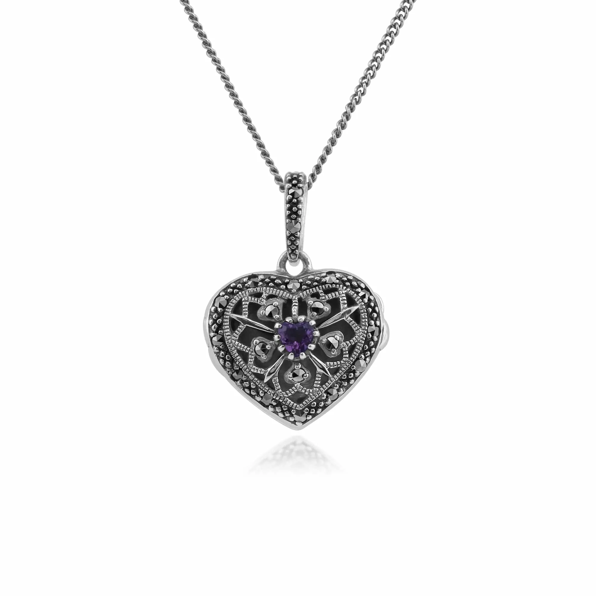 Art Nouveau Style Round Amethyst & Marcasite Heart Necklace in 925 Sterling Silver sold by Gemondo Jewellery