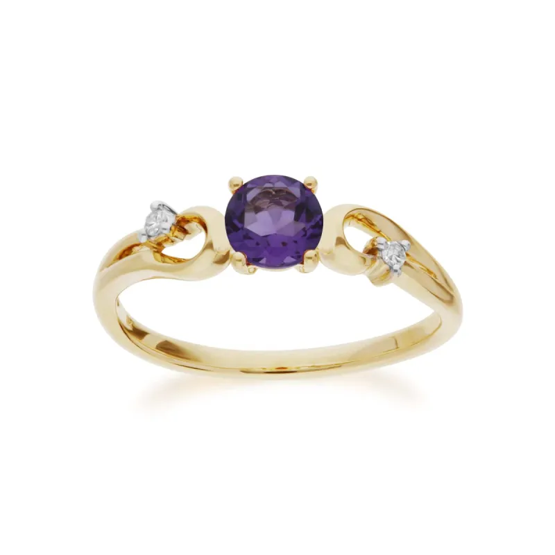 Classic Round Amethyst & Diamond Ring in 9ct Yellow Gold sold by Gemondo Jewellery