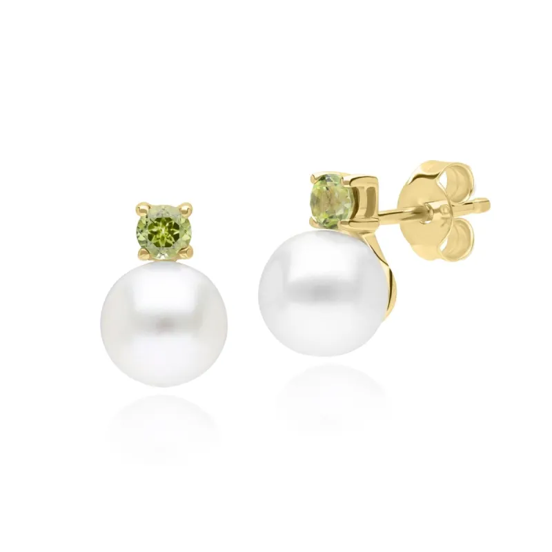 Modern Pearl & Peridot Stud Earrings in 9ct Yellow Gold sold by Gemondo Jewellery