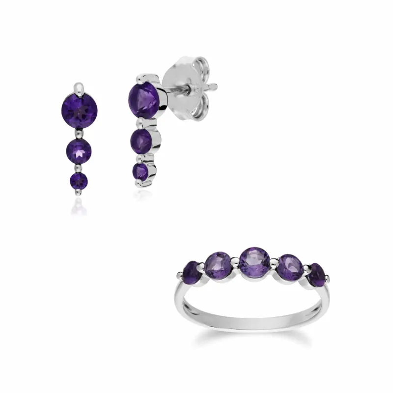 Classic Round Amethyst Three Stone Gradient Earrings & Five Stone Ring Set in 925 Sterling Silver sold by Gemondo Jewellery