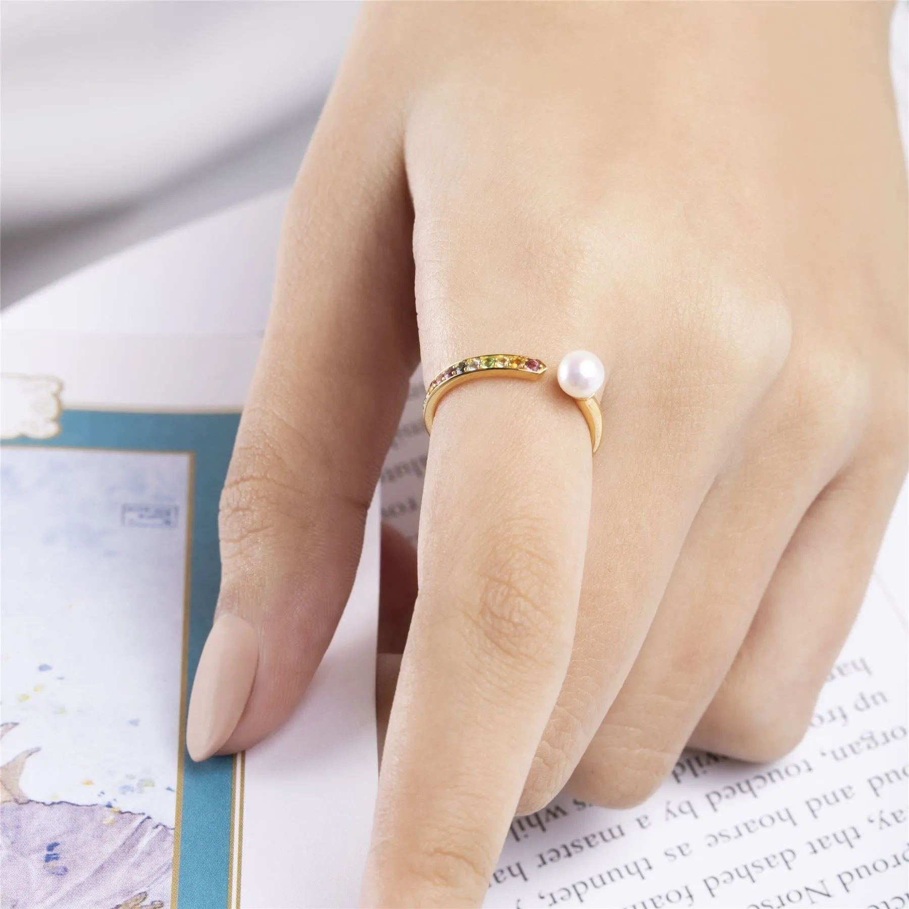 Rainbow Gemstone & Pearl Open Ring in Gold Plated Sterling Silver sold by Gemondo Jewellery product image thumbnail 2