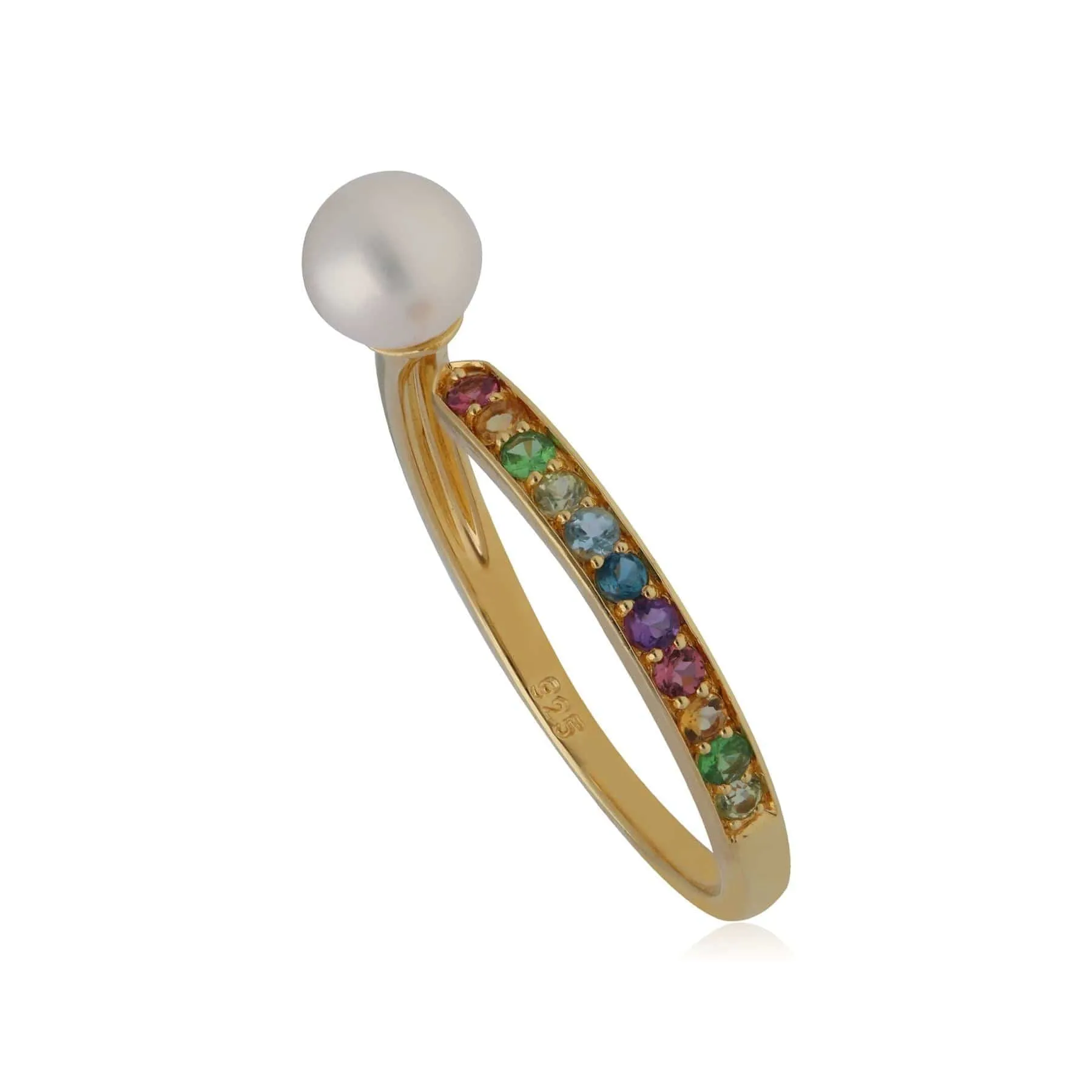 Rainbow Gemstone & Pearl Open Ring in Gold Plated Sterling Silver sold by Gemondo Jewellery