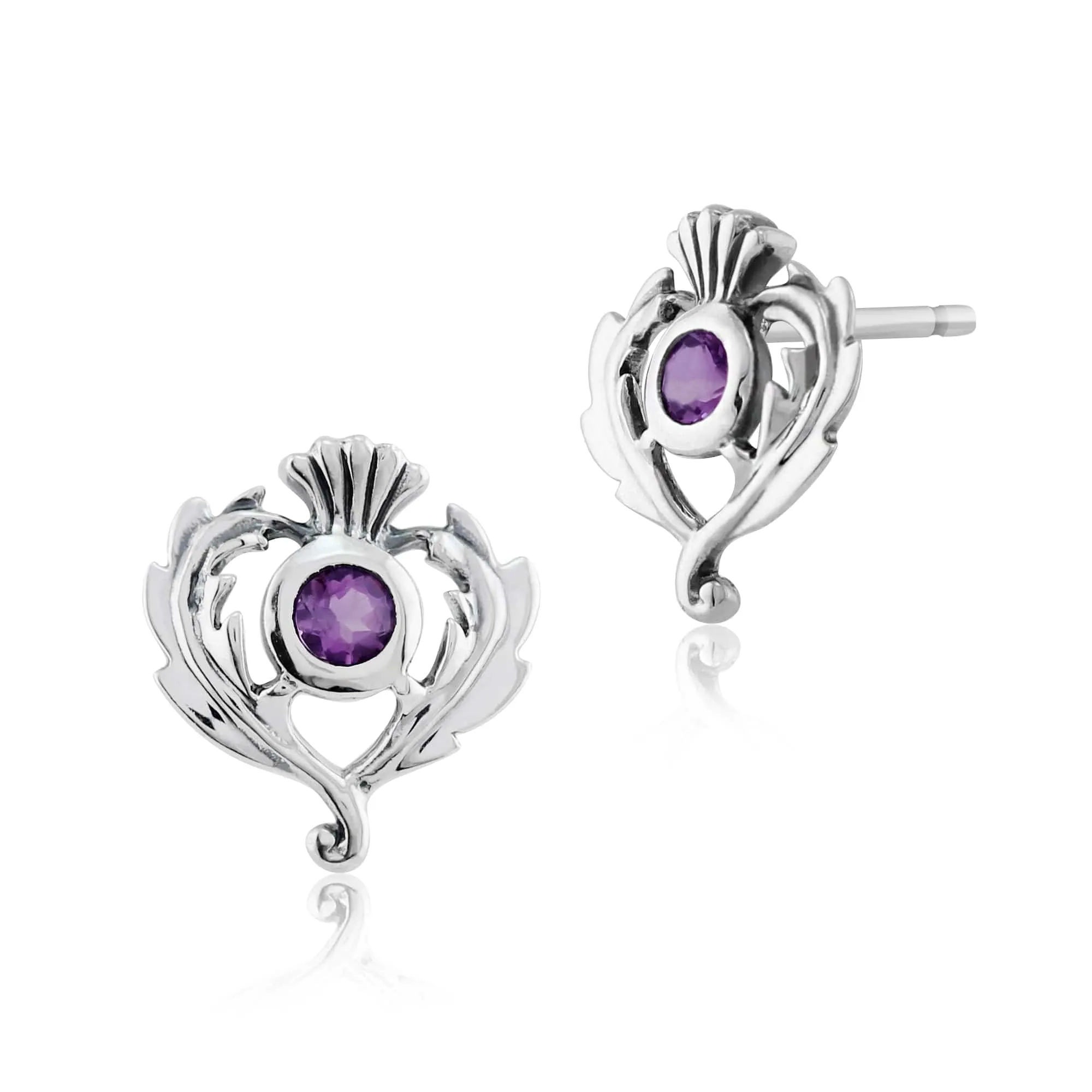 Art Nouveau Style Round Amethyst Thistle Stud Earrings Pendant Set in 925 Sterling Silver sold by Gemondo Jewellery product image thumbnail 2