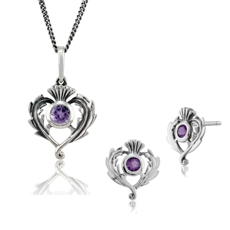 Art Nouveau Style Round Amethyst Thistle Stud Earrings Pendant Set in 925 Sterling Silver sold by Gemondo Jewellery