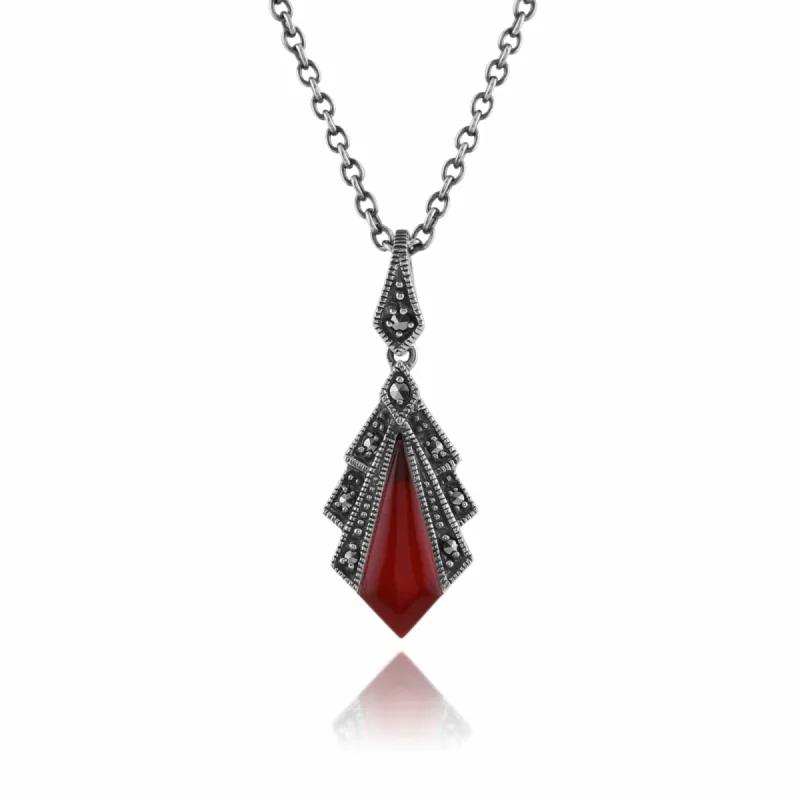 Art Deco Style Carnelian & Marcasite Pendant in 925 Sterling Silver sold by Gemondo Jewellery