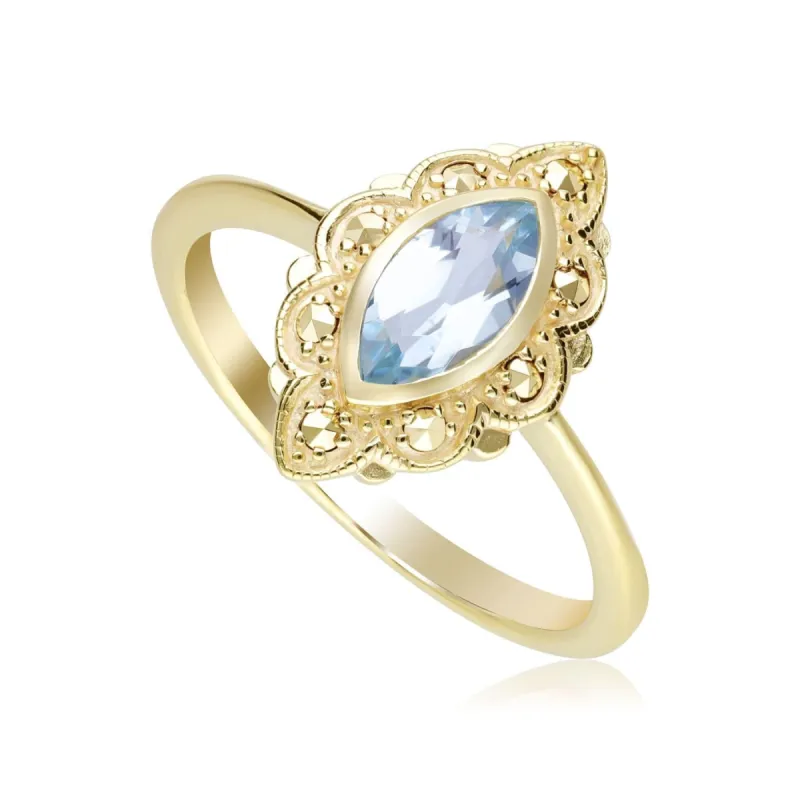 Art Nouveau Inspired Marquise Blue Topaz & Marcasite Ring in 18ct Gold Plated Silver sold by Gemondo Jewellery