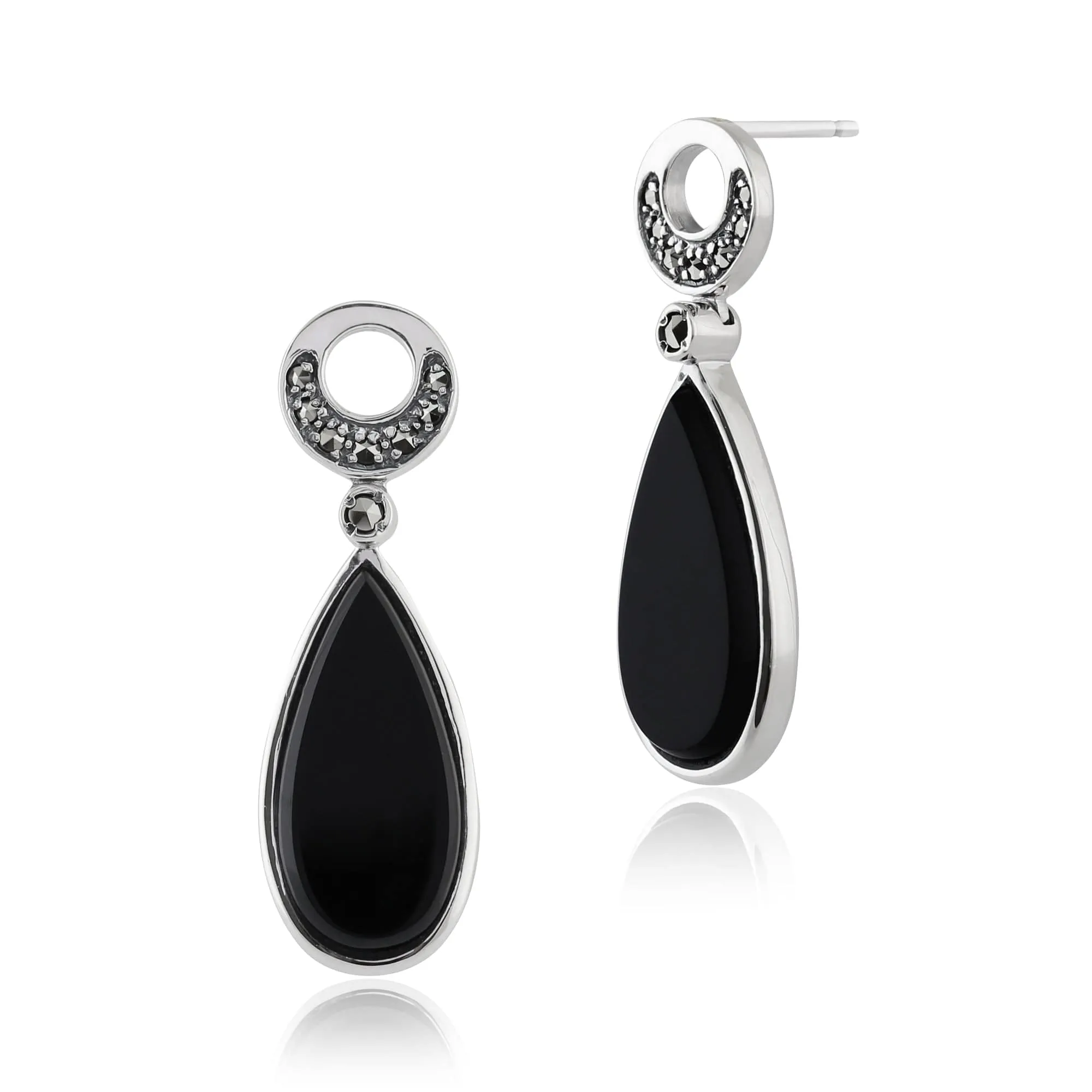 Art Deco Style Pear Black Onyx & Marcasite Drop Earrings in 925 Sterling Silver sold by Gemondo Jewellery