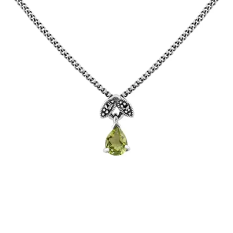 Art Nouveau Style Pear Peridot & Marcasite Pendant in 925 Sterling Silver sold by Gemondo Jewellery