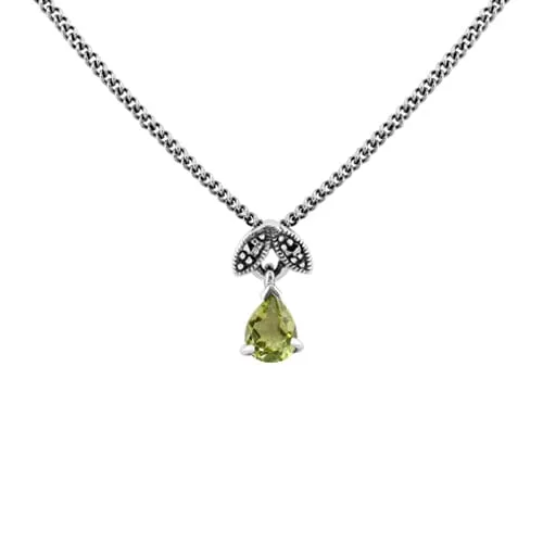 Art Nouveau Style Pear Peridot & Marcasite Pendant in 925 Sterling Silver sold by Gemondo Jewellery