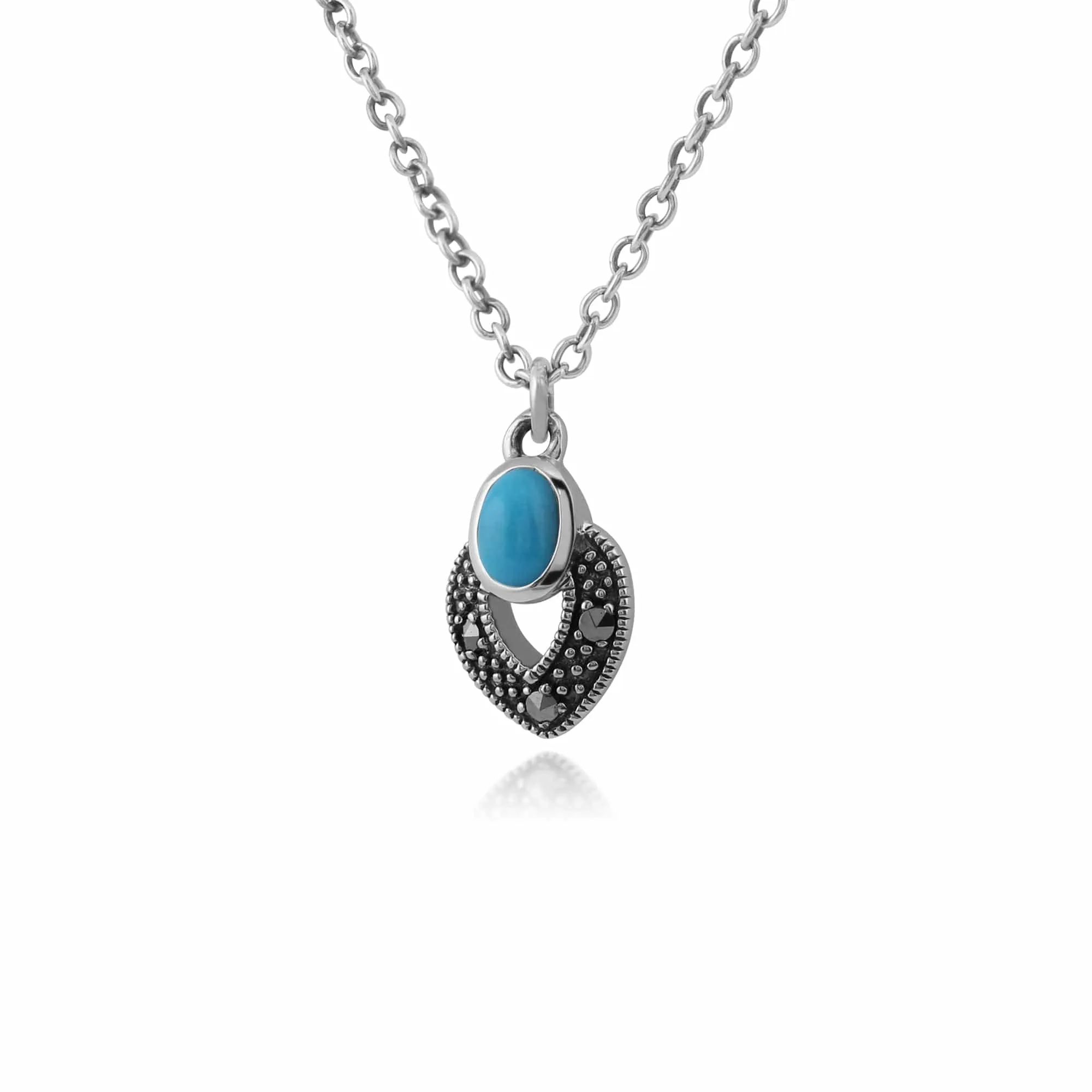 Art Deco Style Oval Turquoise & Marcasite Necklace in 925 Sterling Silver sold by Gemondo Jewellery product image thumbnail 2