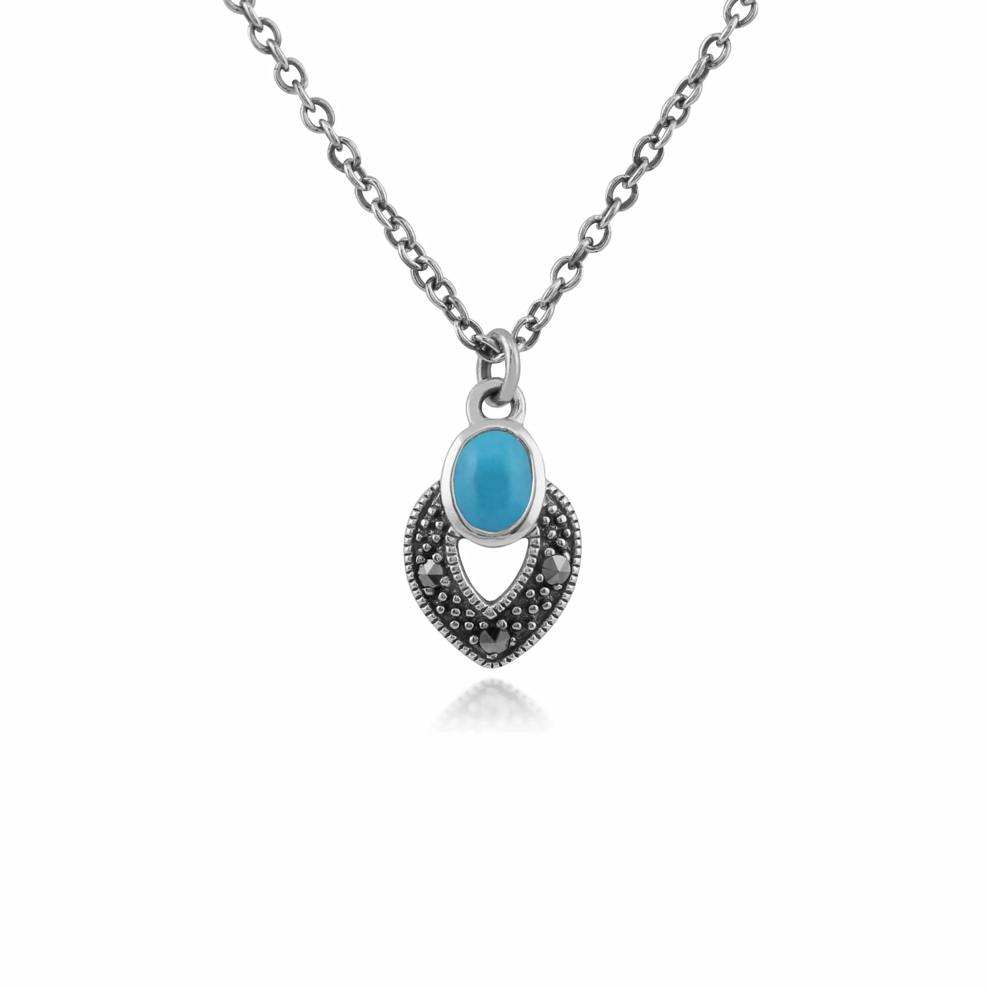 Art Deco Style Oval Turquoise & Marcasite Necklace in 925 Sterling Silver sold by Gemondo Jewellery