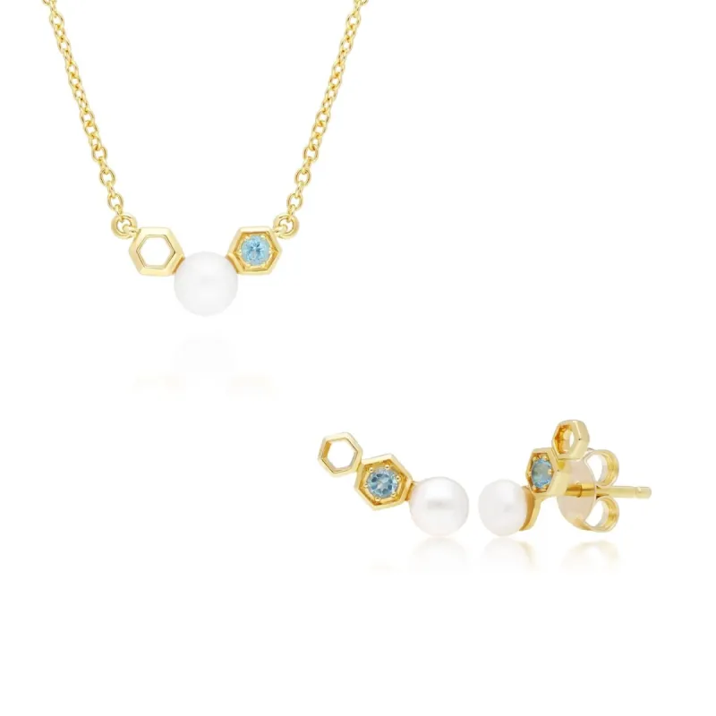 Modern Pearl & Blue Topaz Necklace & Earring Set in 9ct Yellow Gold sold by Gemondo Jewellery