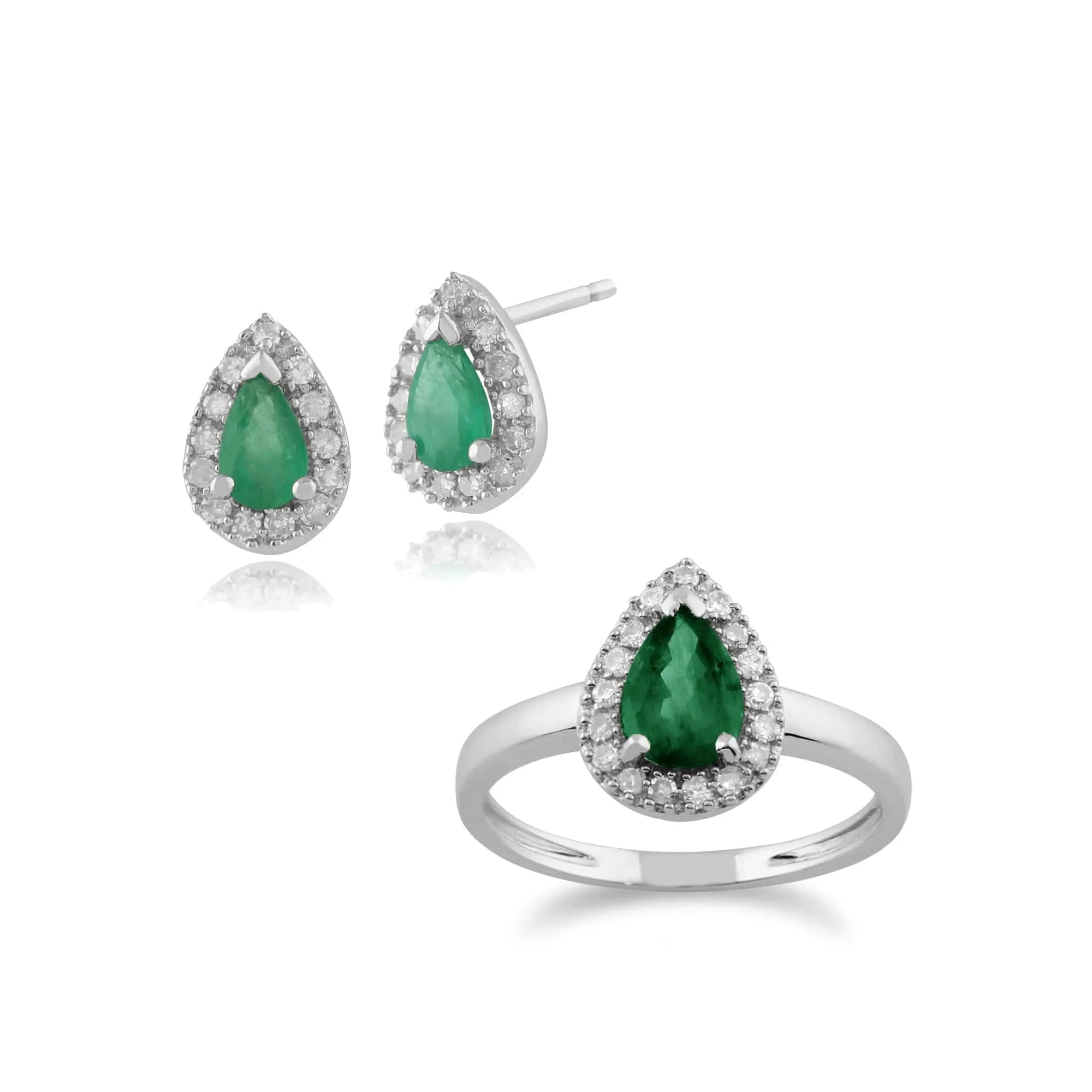 Classic Pear Emerald & Diamond Halo Stud Earrings & Ring Set in 9ct White Gold sold by Gemondo Jewellery