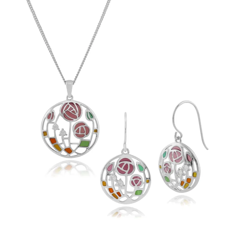 Rennie Mackintosh Inspired Inspired Round Topaz & Enamel Glasgow Rose Round Drop Earrings & Pendant Set in 925 Sterling Silver sold by Gemondo Jewellery