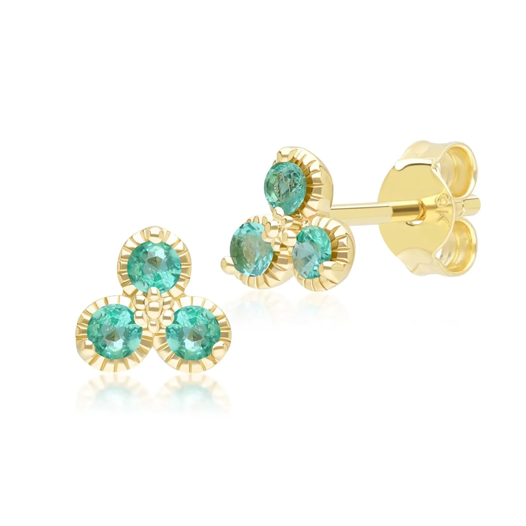Floral Emerald Three Stone Stud Earrings in 9ct Yellow Gold sold by Gemondo Jewellery