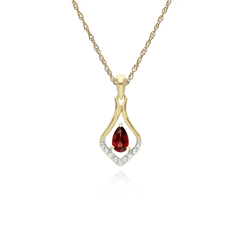Classic Pear Garnet & Three Diamond Leaf Halo Pendant in 9ct Yellow Gold sold by Gemondo Jewellery