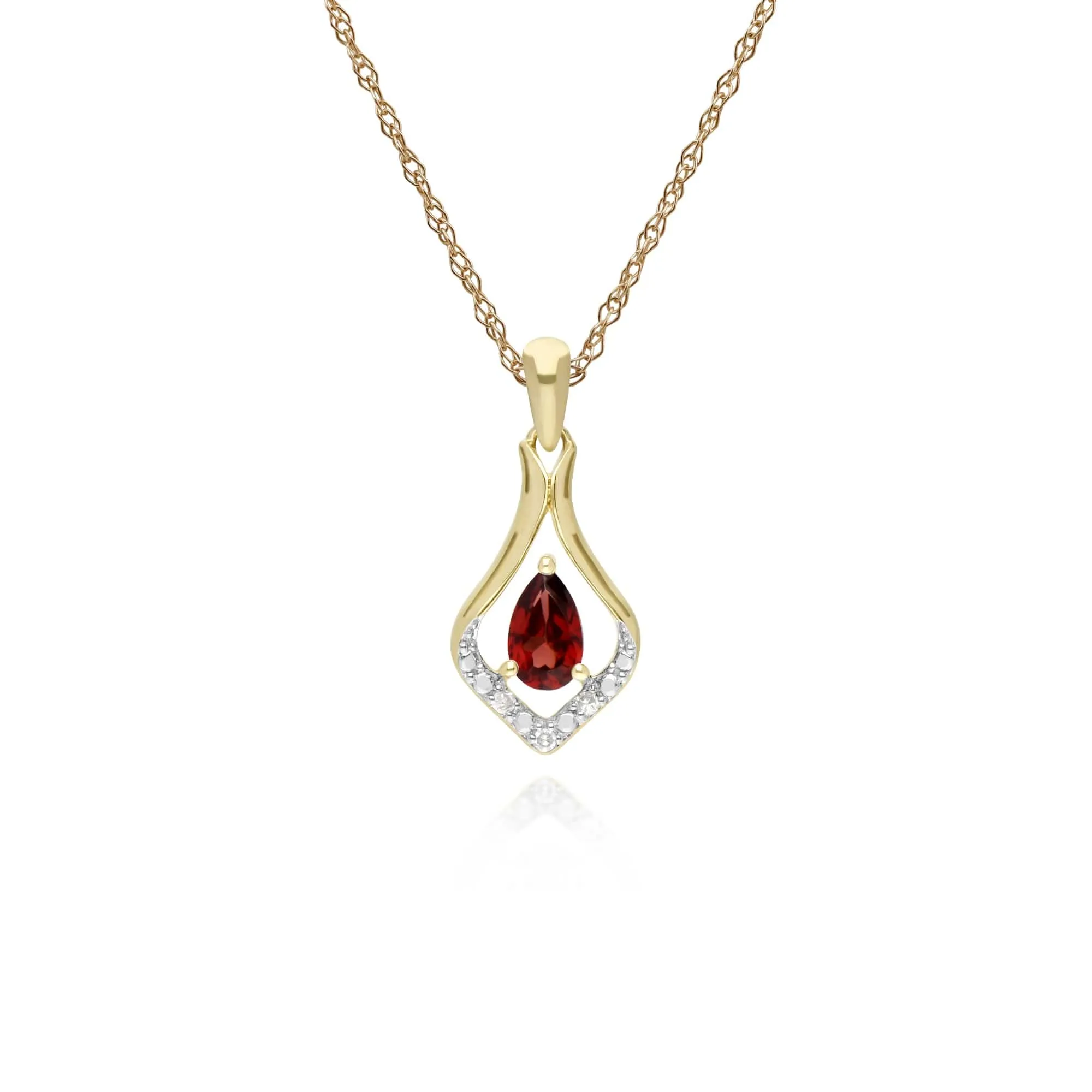 Classic Pear Garnet & Three Diamond Leaf Halo Pendant in 9ct Yellow Gold sold by Gemondo Jewellery